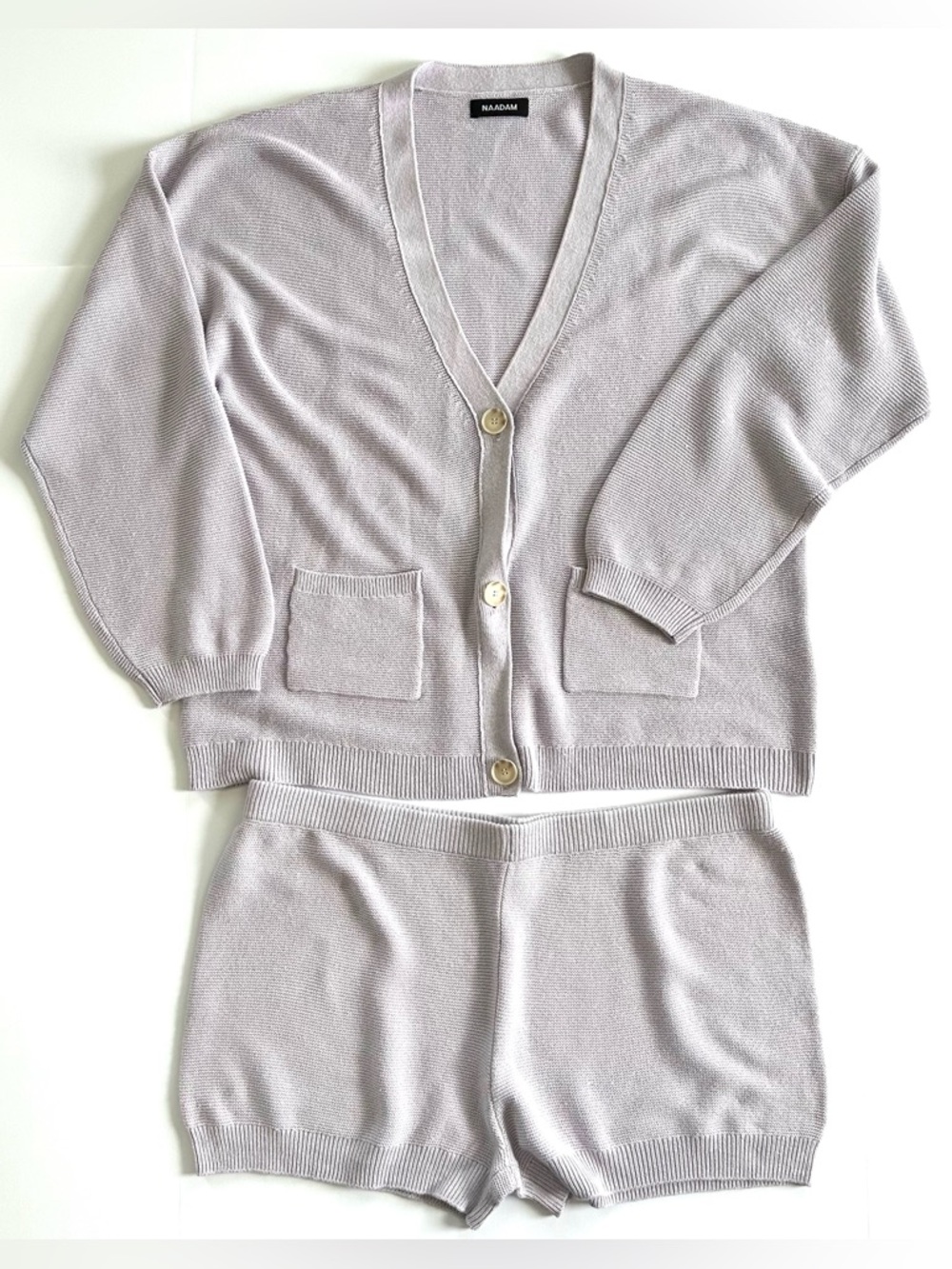 NAADAM Textured Balloon Sleeve Cardigan & Shorts Set in Lavender | XL | EUC